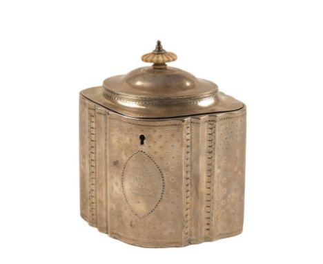 GEORGE III SILVER TEA CADDY by Robert Hennel, London, 1789, of navette form, the domed hinged cover with an ivory fan finial,