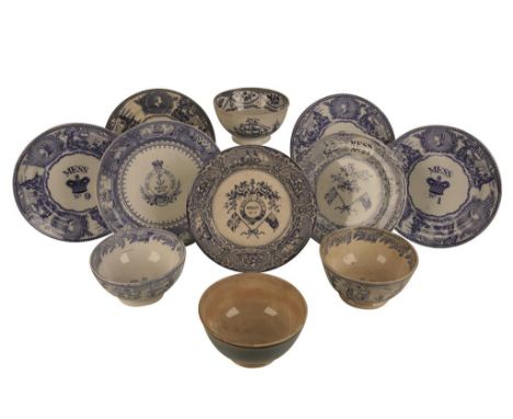 COLLECTION OF POTTERY "MESS" CHINA with various inscriptions and transfer printed decoration of flags, ships and portrait med