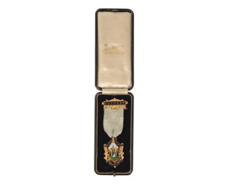 MASONIC INTEREST: A 15CT GOLD, ENAMEL AND YELLOW METAL CERES LODGE FOUNDER MEDAL no. 3501, March 1911, in presentation case, 