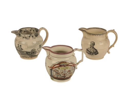 COMMEMORATIVE "ORANGE MEN" JUG decorated with a panel alluding to the Masons, two orangemen holding aloft a crown with the de