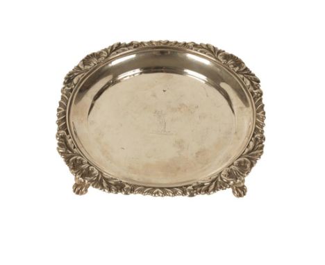 PAUL STORR: A GEORGE III SILVER SALVER, no town mark, 1813, circular form, gadrooned and shell border, the centre engraved wi