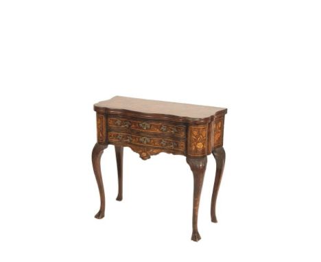 DUTCH WALNUT AND FLORAL MARQUETRY CARD TABLE, 18th century, the hinged top opening to reveal an interior with an inlaid card 