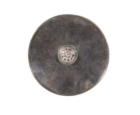 OMAR RAMSDEN (1873-1939) SILVER AND ENAMEL DISH London 1926, circular form with spot hammered decoration, the centre with a r
