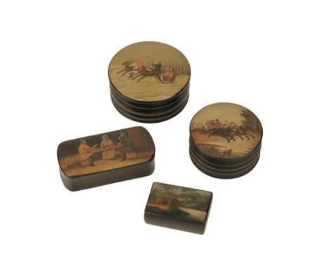 FOUR SMALL RUSSIAN LACQUER BOXES, CIRCA 1900, comprising a snuff box painted with a cottage beside a lake, 6cm wide; a circul