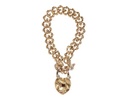 UNMARKED YELLOW METAL CHAIN LINK BRACELET, the heart shaped locket clasp set with two diamonds and a "garnet", approximately 