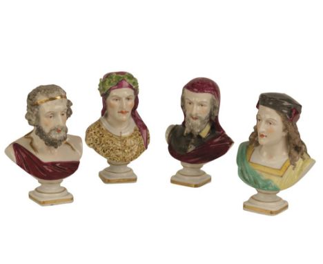 SET OF FOUR DRESDEN PORCELAIN PORTRAIT BUSTS "Rafael", "Dante" and two others, painted in polychrome highlighted with gilding