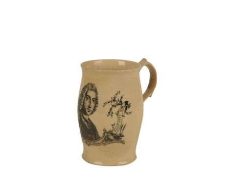 CREAMWARE MUG transfer printed with a vignette portrait of "The Right Hon. Will Pitt, Esq." with a leaf-capped "S"-scroll han