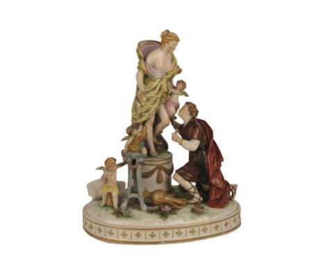 CONTINENTAL PORCELAIN GROUP emblematic of the arts, with central female figure and winged cherubs, the base with male attenda