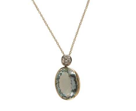 AQUAMARINE AND DIAMOND PENDANT, the oval facet-cut aquamarine attached to a single colletset diamond, approximately 0.25ct, o