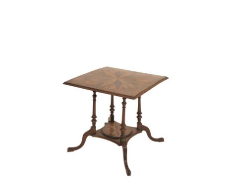 COLONIAL SPECIMEN WOOD TABLE, the square top inlaid with a circular panel of specimen woods in a geometric design, and the un