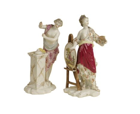 18TH CENTURY STYLE CONTINENTAL PORCELAIN FIGURE of a female artist holding a palette standing beside an easel, painted in pol