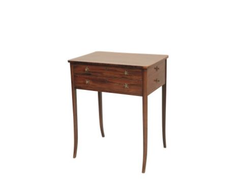 REGENCY MAHOGANY CENTRE WORK TABLE, the rectangular top with rounded corners and edged with boxwood stringing enclosing a wel