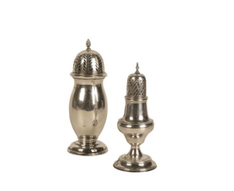 SILVER SUGAR CASTOR by James Woods & Sons, Birmingham, 1941, baluster form, pull-off pierced cover, torch finial, on a spread