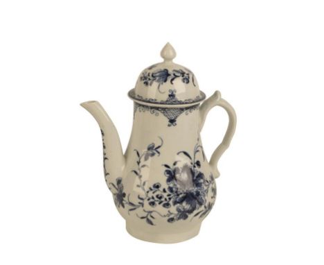 CAUGHLEY: BLUE AND WHITE COFFEE POT AND COVER, C.1765 decorated with a version of the Mansfield pattern, workman's mark to ba