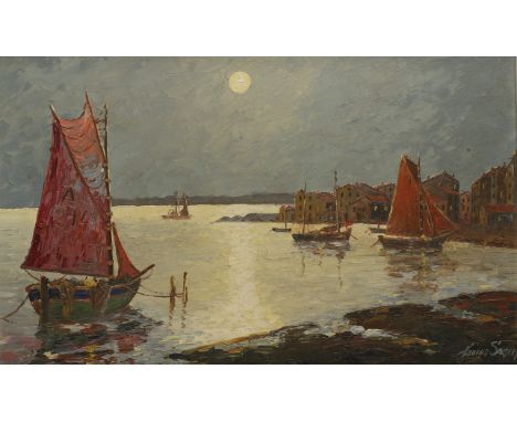 XAVIER SAGER (1870-1930) Boats under moonlight, signed lower right, oil on panel, 36.5cm x 59cm