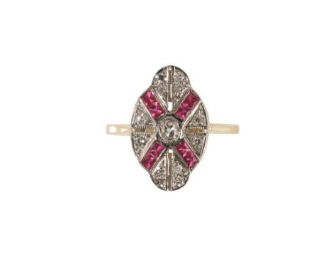 ART DECO STYLE RUBY AND DIAMOND RING on an 18ct yellow gold shank. Ring size O