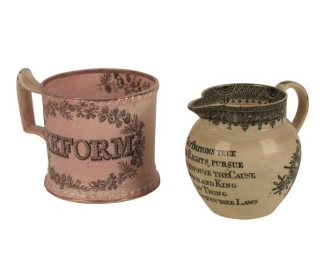 PINK LUSTRE POTTERY MUG transfer printed with a portrait of Lord Althorpe and the reverse with a panel enclosed by flowers in