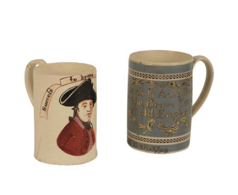 RARE CREAMWARE MUG inscribed in gilt "Success to Admiral Nelson and the brave Tars of Old England", on a mottled blue ground 