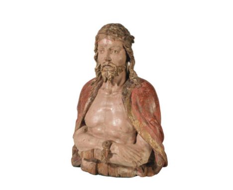 CONTINENTAL CARVED WOOD BUST OF CHRIST, 18TH CENTURY, the polychrome figure depicted draped in a red cloak with hands bound a