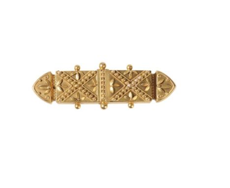ETRUSCAN STYLE 15CT YELLOW GOLD BROOCH the front panel opening to reveal a plaque inscribed"presented to Mrs Yates as a memen