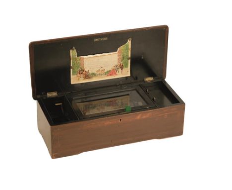 19TH CENTURY MUSIC BOX, the 15cm cylinder playing eight aires, with winder and / stop start levers to the sides, in a mahogan