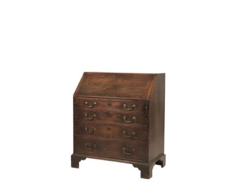 GEORGE III MAHOGANY BUREAU of small size, with a fall flap enclosing a fitted interior over four graduated drawers, on shaped