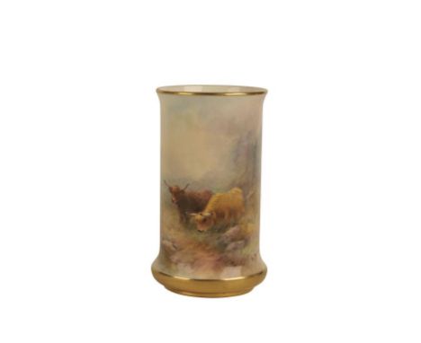 HARRY STINTON: ROYAL WORCESTER SPILL VASE painted with Highland cattle in a misty landscape, signed, printed mark, numbered 2