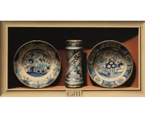 •CHRISTOPHER J HARRISON (1935-45) 'OLD ENGLISH DELFT' A trompe l'oeil style still life study of blue and white pottery, monog