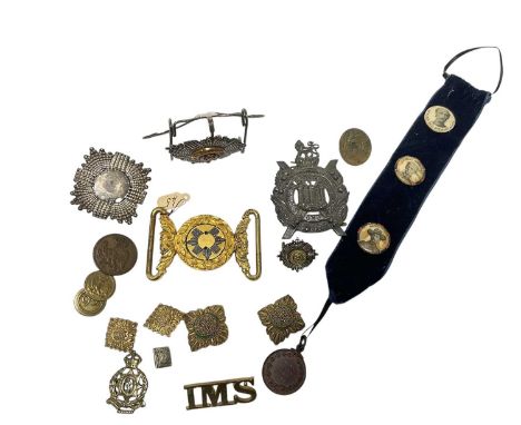 Victorian King's Own Scottish Borderers silver officer's cap badge, together with an ormolu Scots Guards officer's belt buckl