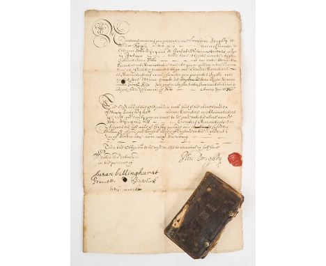 17th century Goldsmith's pocket Almanack dated 1658, in original tooled leather binding, a fascinating printed and handwritte