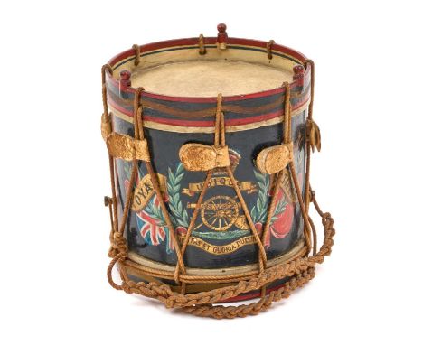 Good quality early 20th century miniature Royal Artillery regimental drum with hand-painted regimental badge and flags,7.9cm 
