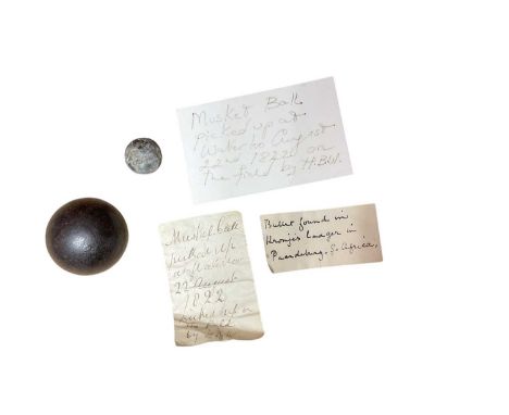 Relic from the Battle of Waterloo, a lead musket ball with old handwritten note 'Musket ball picked up at Waterloo 22nd Augus