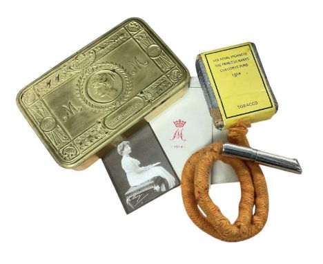 First World War Princess Mary Gift tin with original contents comprising Christmas card, photograph of Princess Mary, tobacco