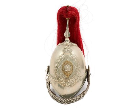 Victorian 1871 Pattern Yorkshire Dragoons trumpeter's helmet with white metal skull with ornate bi-metal helmet plate, origin