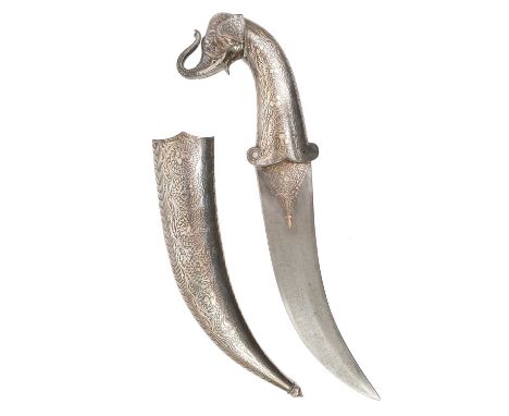 Good quality 20th century Indian ceremonial dagger with silver inlaid scabbard, grip and elephant head pommel, with curved Da