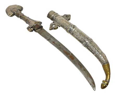 Early 20th century Indo Persian Khanjar dagger, with white covered metal scabbard and grip and curved steel blade, blade 23.5