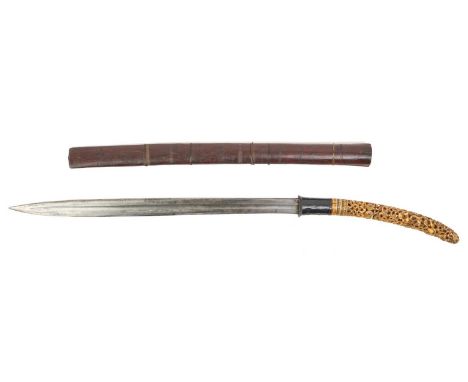 Good quality 18th century Burmese Dha sword with hollow, highly pierced and carved ivory grip decorated with beasts, birds an