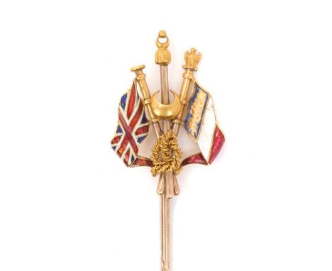 Impressive and rare Victorian gold and enamel Crimean War Allies stickpin in gold and enamel with trophy of Turkish, British 