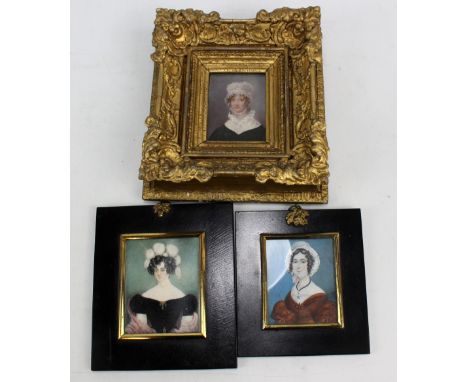 A Victorian portrait miniature on ivory depicting a woman wearing a bonnet, 8.5 x 6cm, framed and glazed, and two further exa