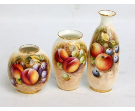 ROYAL WORCESTER; three hand painted fruit decorated vases, all signed lower right to include an inverted baluster example, he