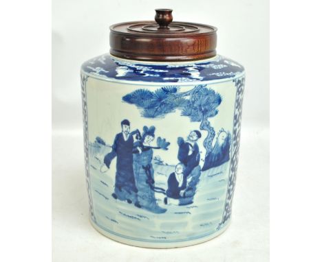 A late 19th century Chinese porcelain ginger jar of cylindrical form painted in underglaze blue with two opposing figural pan