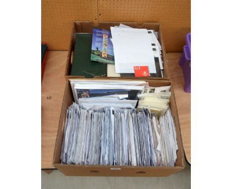 GREAT BRITAIN; two boxes with much unsorted/unopened new issues envelopes with first day covers, PHQ cards, some packs, smile