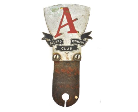An original Allard Owners Club enamel decorated badge on screw fitted bracket, total length 15.5cm.