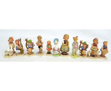 Nine Hummel figures including 'Apple Tree Boy', 'Apple Tree Girl', and 'Little Helper', also two Beswick Beatrix Potter figur