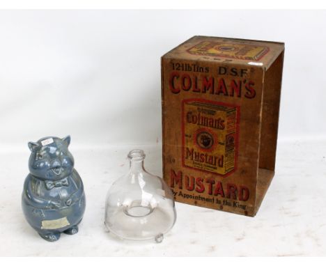 An early 20th century Colman's Mustard wooden box, height 33cm (one side missing), a Victorian glass fly trap, height 18.5cm,