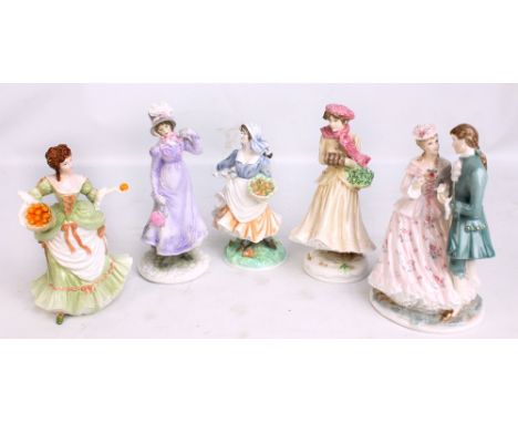 Five Royal Worcester ceramic figures to include 'Winter' no.896/7500, '1818: The Regency' no.3952/9500 and 'Rosie Picking App