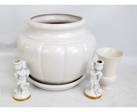 A large Doultonware Australia ceramic white glazed jardinière of gadrooned globular form, diameter of aperture 27cm, also a W