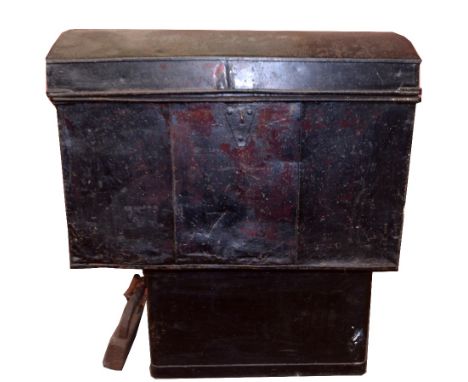 A cast iron lock box (lacking key), and a dome top trunk (2).