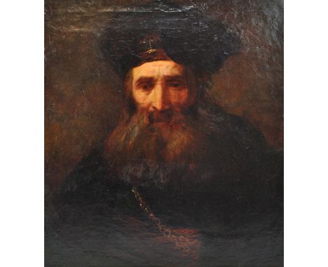 FOLLOWER OF REMBRANDT HARMENSZ. VAN RIJN (1606-1669); oil on canvas, half length portrait of an Eastern Orthodox figure, 63 x