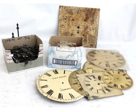 A group of various enamel longcase and wall clock dials to include GPO, a large group of assorted clock hands and clock chime